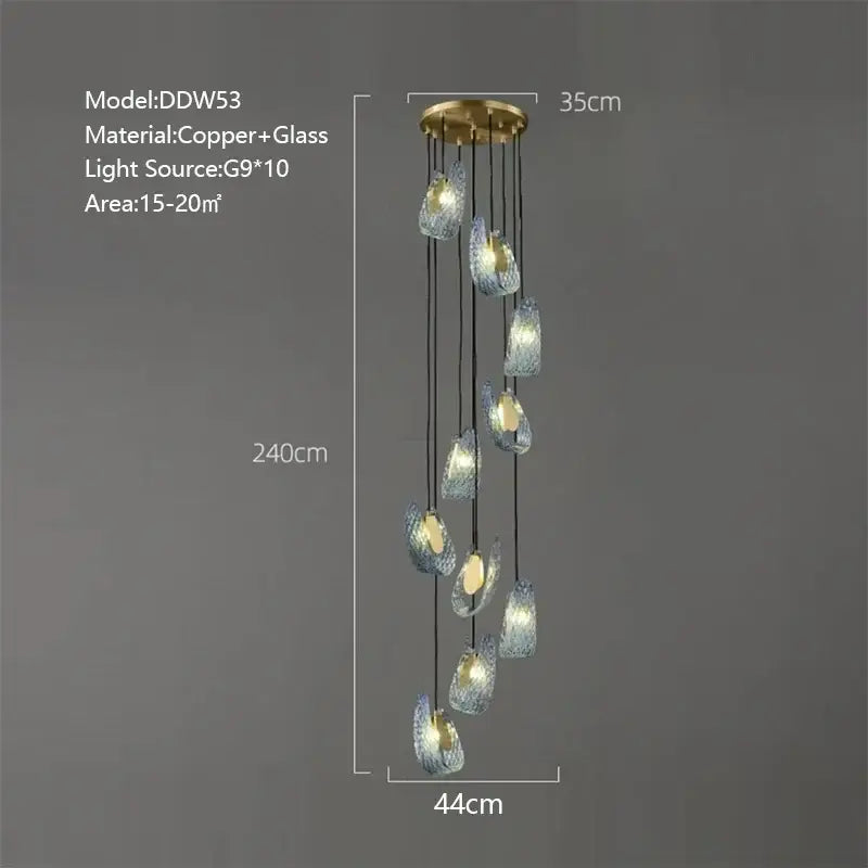 Modern blue peacock leaf glass chandelier with ten copper teardrop shades suspended from brass mount decorbites blue peacock