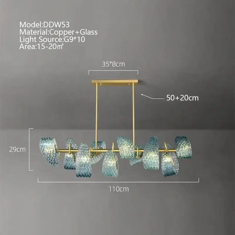 Modern copper and glass chandelier with blue peacock leaf textured glass shades for dining room decorbites blue peacock