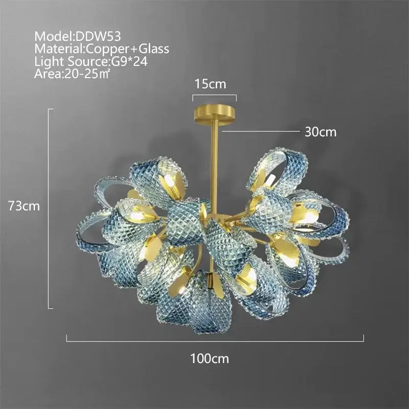 Modern blue peacock leaf glass chandelier with copper and floral blue and clear petals for dining room decorbites blue peacock
