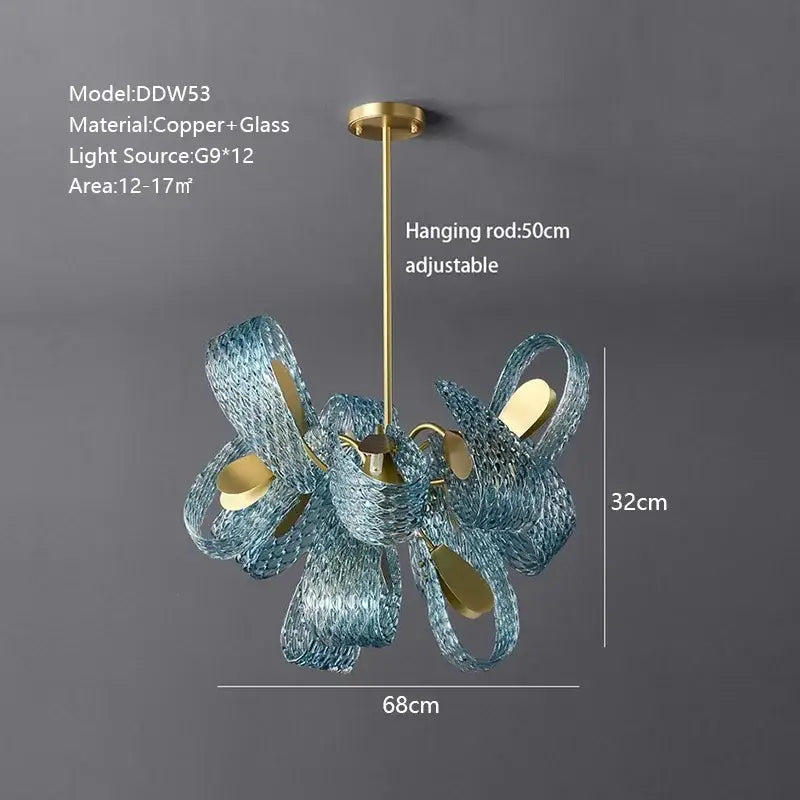 Modern blue peacock leaf glass chandelier with flowing blue glass ribbons and gold copper accents for dining room decorbites blue peacock