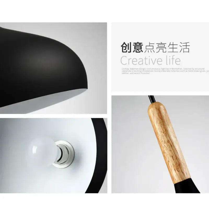 Modern pendant light with black matte lampshade wood accent and exposed bulb helps create stylish kitchen ambiance
