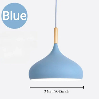 Modern blue pendant light with wood accent helps create stylish kitchen lighting with matte finish design