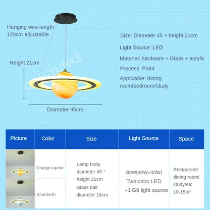 Modern blue planet pendant light with rings featuring decorbites acrylic and painted orange jupiter-themed design