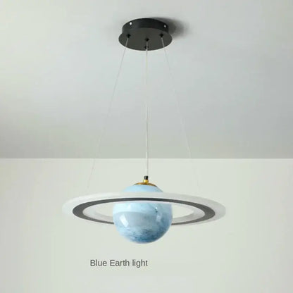 Modern blue planet pendant light with rings made of decorbites acrylic hanging from ceiling for bedroom decor