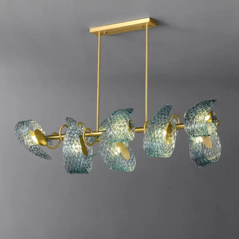 Modern blue queen crystal glass chandelier with five blue green textured shades suspended by brass rods for living room decorbites blue queen