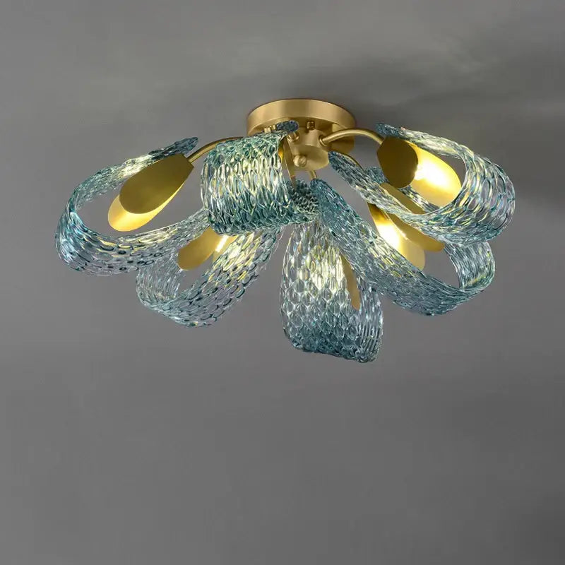 Modern blue queen crystal glass chandelier with gold metal base and woven translucent blue glass shades for living room decorbites blue queen