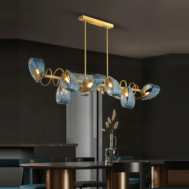 Modern blue queen crystal glass petal chandelier with gold toned metal arms and spiral accents for bedroom decorbites blue queen