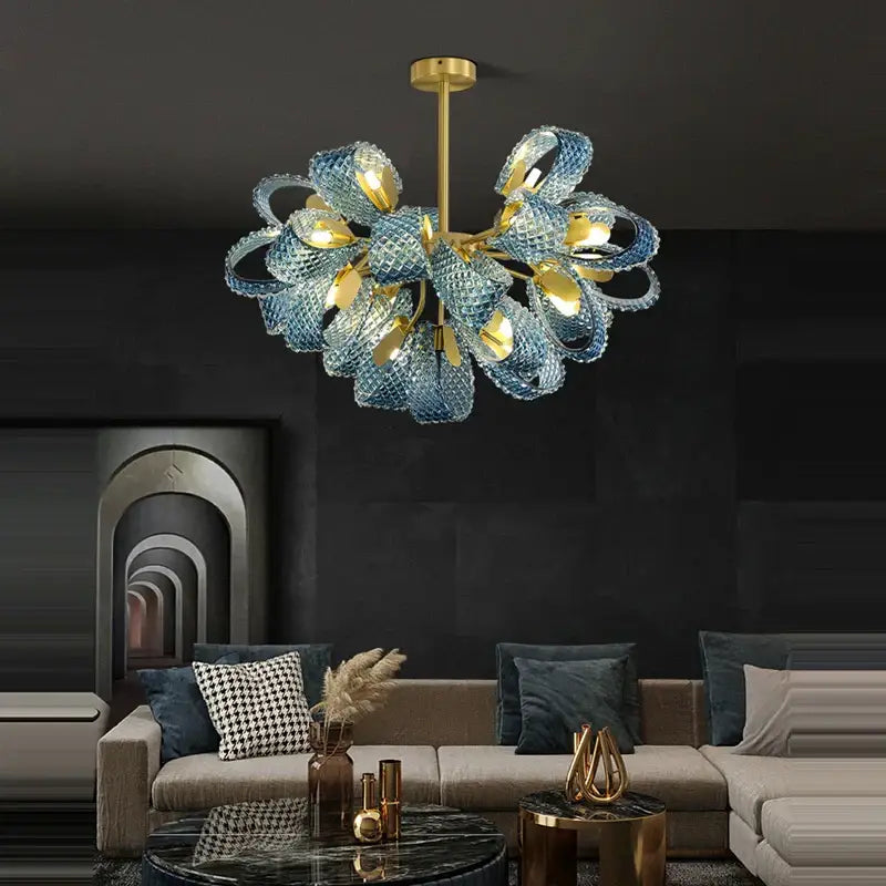 Modern blue queen crystal glass petal chandelier featuring blue glass with gold accents for elegant bedroom decorbites blue queen design
