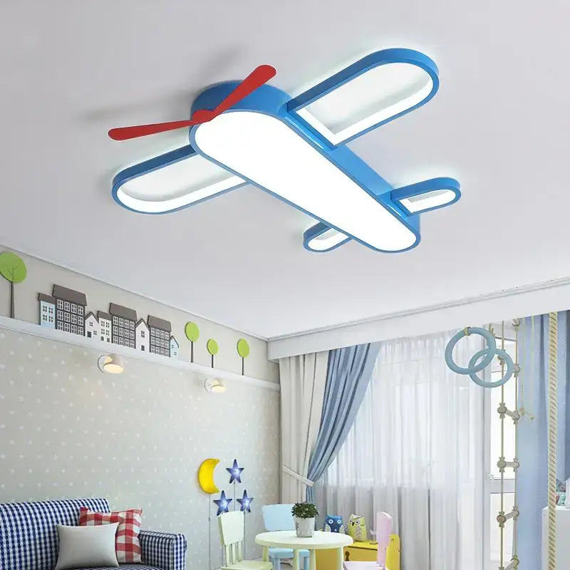 Modern blue and red airplane led lighting fixture with white illuminated wings for bedroom decorbites blue airplane decor