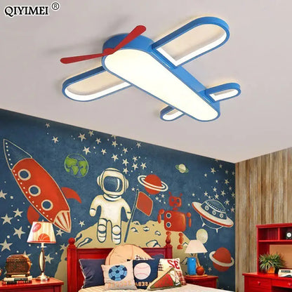 Modern blue and red airplane led lighting fixture with white illuminated wings for bedroom decorbites blue airplane design