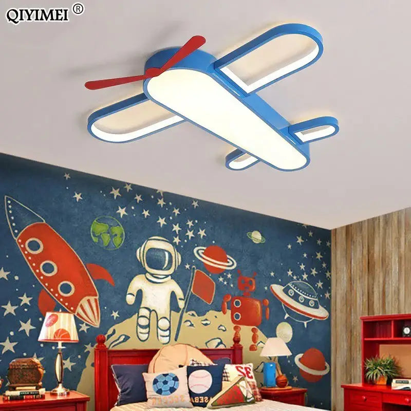 Modern blue and red airplane led lighting fixture with white illuminated wings for bedroom decorbites blue airplane design