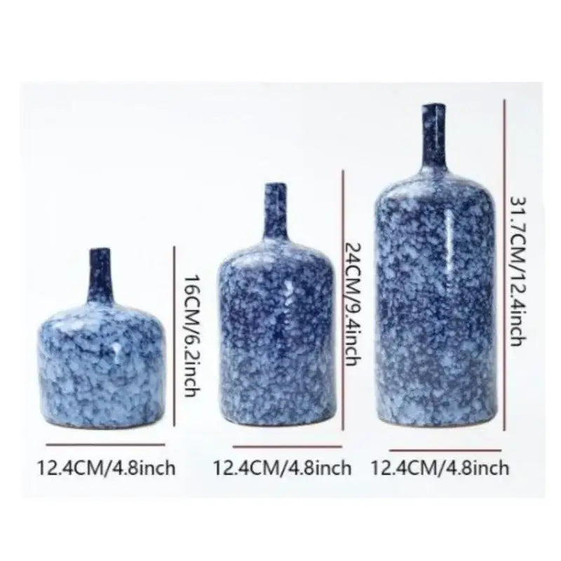Set of three modern blue ceramic vases with speckled porcelain glaze for living room decorbites decor accessories