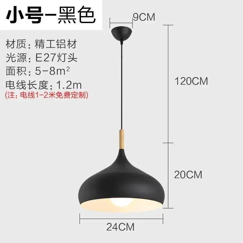 Modern blue stainless steel pendant light with black matte aluminum shade and wooden stem for bedroom use
