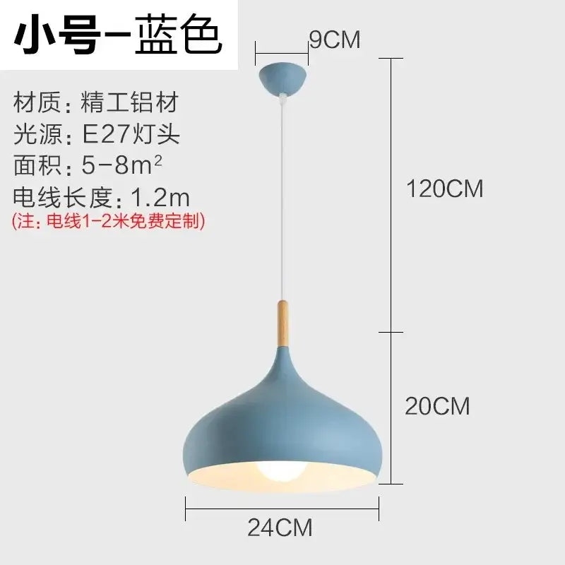 Modern blue stainless steel pendant light with matte finish and wooden stem for bedroom lighting