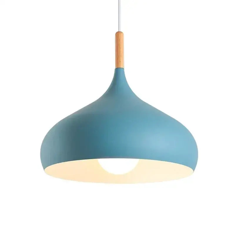 Modern teal pendant light with matte finish wooden accent and stainless steel construction for bedroom use
