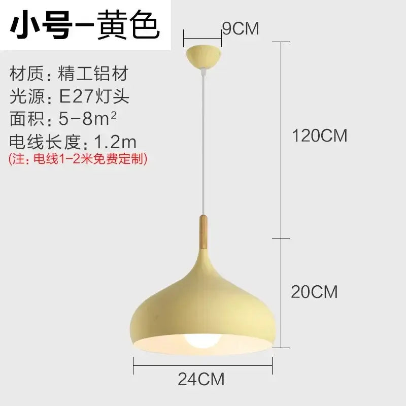 Yellow pendant light with sleek teardrop aluminum shade and wooden accent in modern blue stainless steel pendant light design