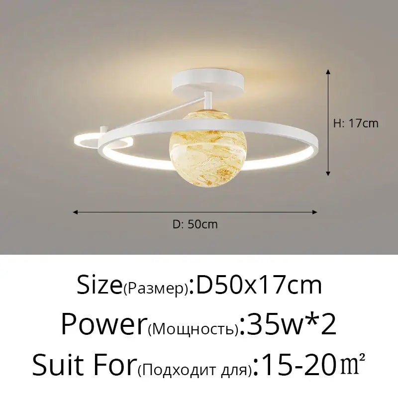 Modern white pendant light with amber-gold marbled globe and circular led rings for decorbites blue star led decor