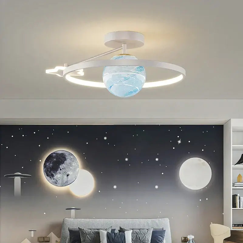 Modern blue star led pendant light with white circular frame and illuminated globe featuring blue and gray planetary designs