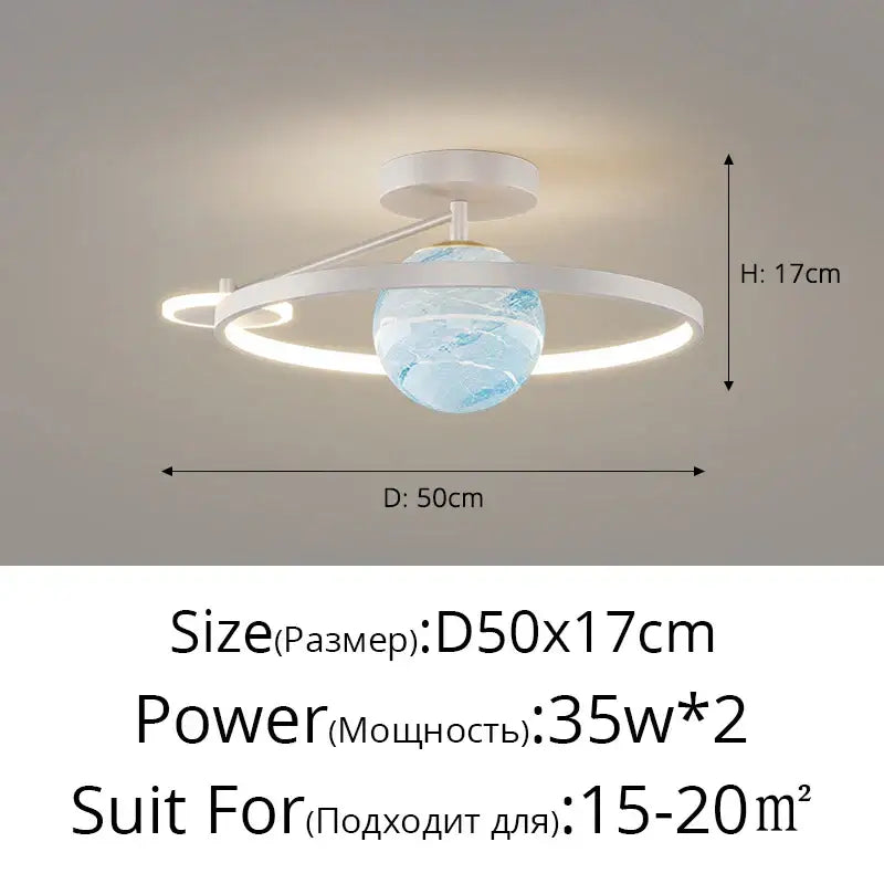 Modern blue star led pendant light bedroom white circular fixture with central blue white globe and illuminated concentric rings
