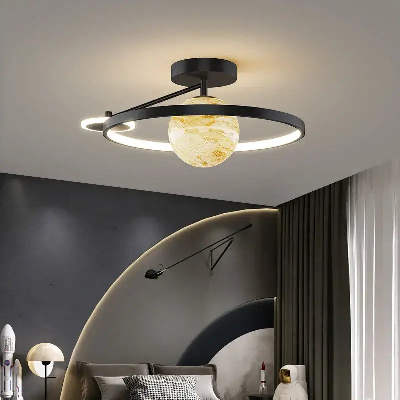 Modern blue star led pendant light featuring a black circular ring with an amber textured globe for decorbites blue star decor