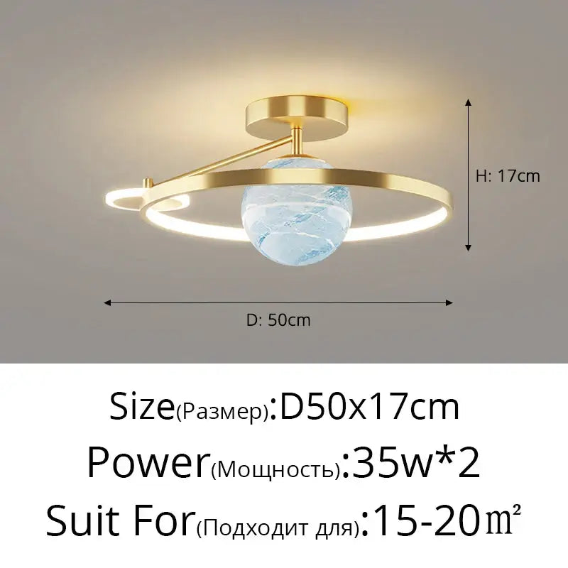 Modern blue star led pendant light with gold-toned fixture, central translucent blue globe, and circular led rings for decorbites blue star