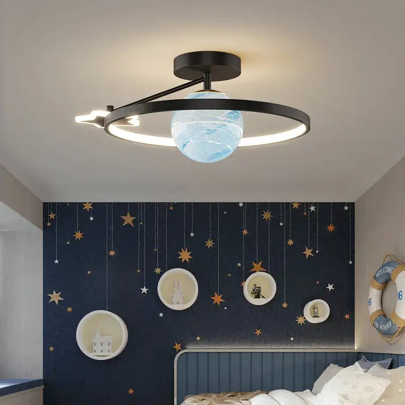 Modern black pendant light with translucent blue globe and integrated led ring illumination decorbites blue star led fixture