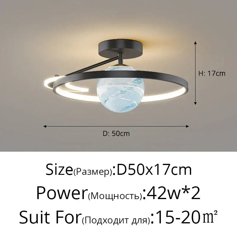 Modern black metal pendant light with central translucent blue globe and glowing rings for bedroom decorbites blue star led