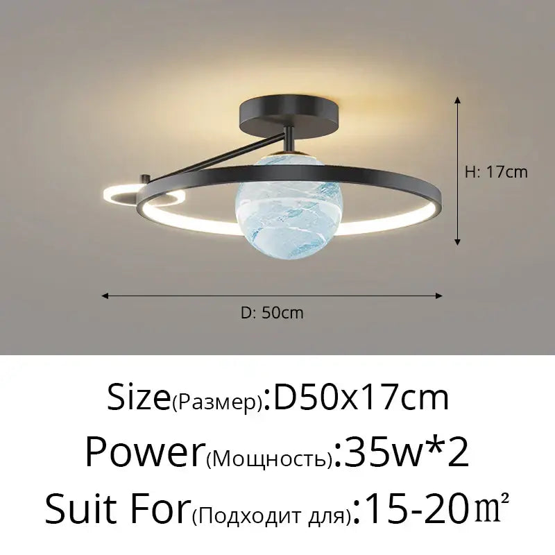 Modern black metal pendant light with translucent blue globe and circular led rings decorbites blue star led fixture