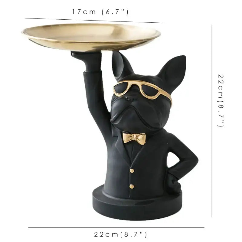 Black french bulldog decorbites bulldog figurine with gold sunglasses and bow tie holding storage tray coin bank