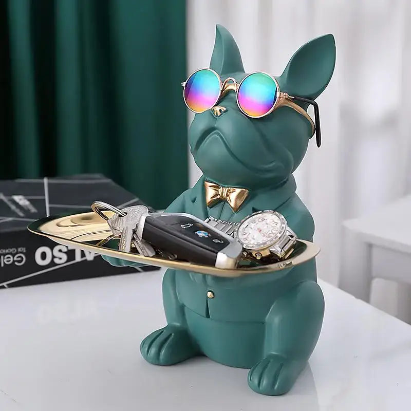 Teal french bulldog figurine coin bank with gold sunglasses and bow tie holding tray with keys modern decorbites bulldog storage tray