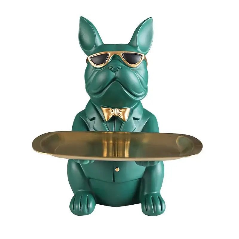 Modern blue and teal decorbites bulldog storage tray coin bank featuring a figurine with gold sunglasses and bow tie