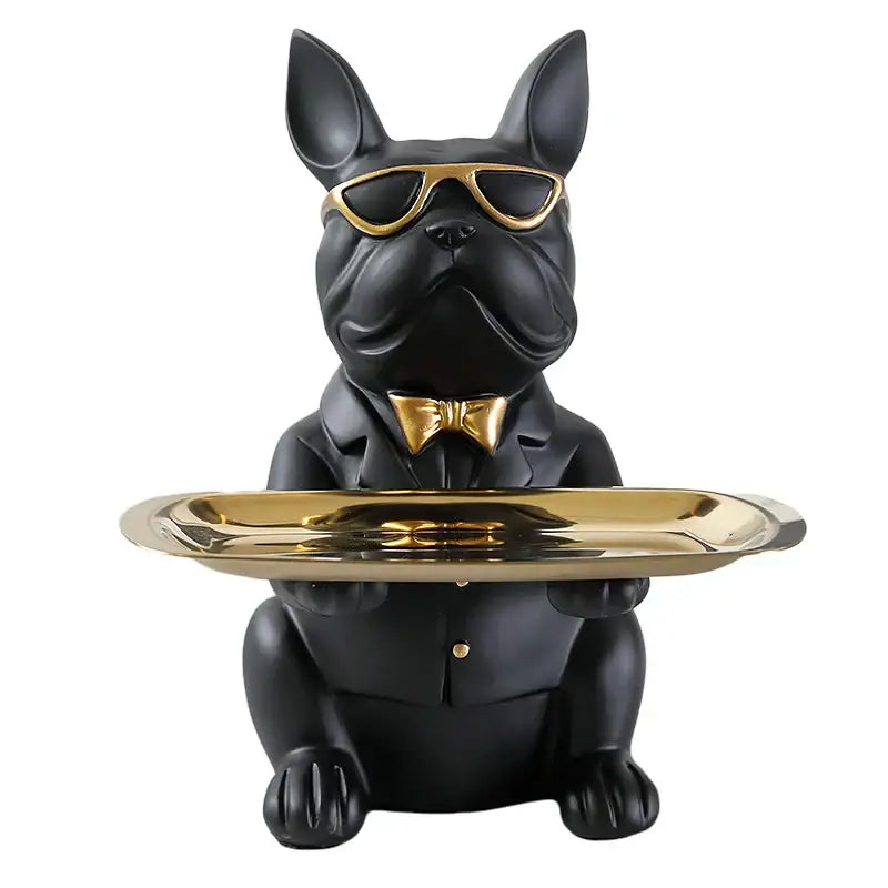 Modern blue and teal decorbites bulldog storage tray coin bank featuring black french bulldog figurine with gold sunglasses and bow tie