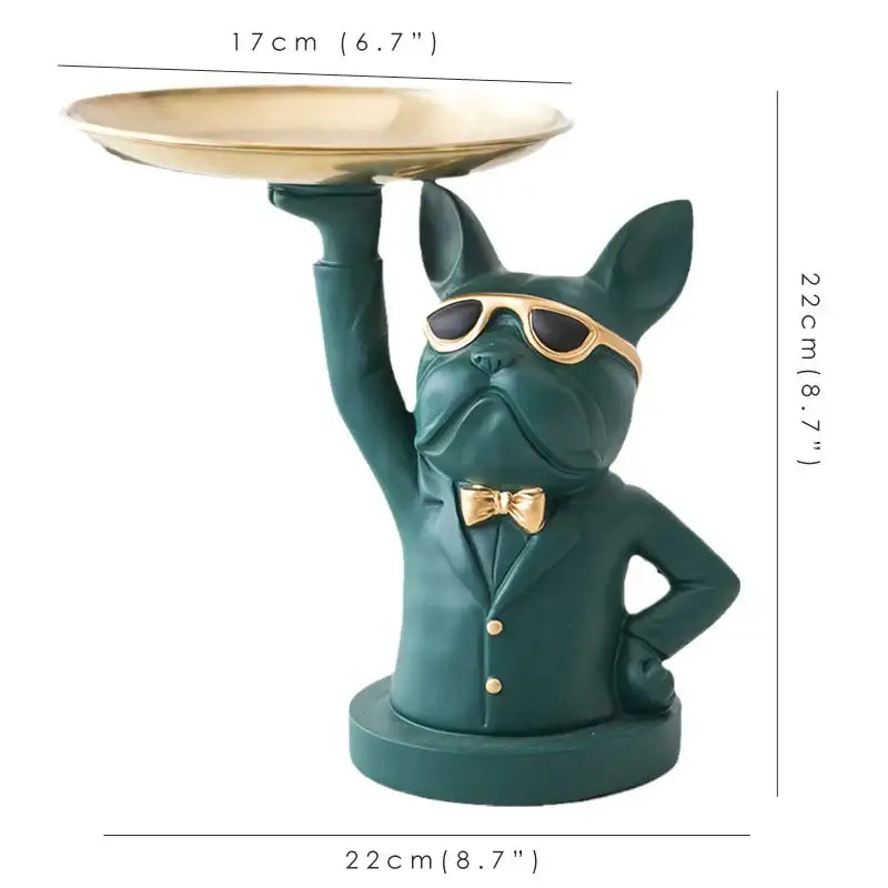 Modern blue and teal decorbites bulldog coin bank storage tray figurine with gold sunglasses and bow tie holding golden tray