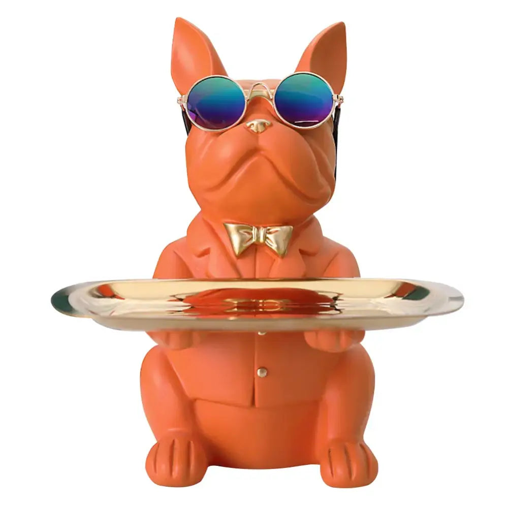 Modern blue and teal decorbites bulldog storage tray coin bank featuring orange french bulldog figurine with sunglasses and bow tie