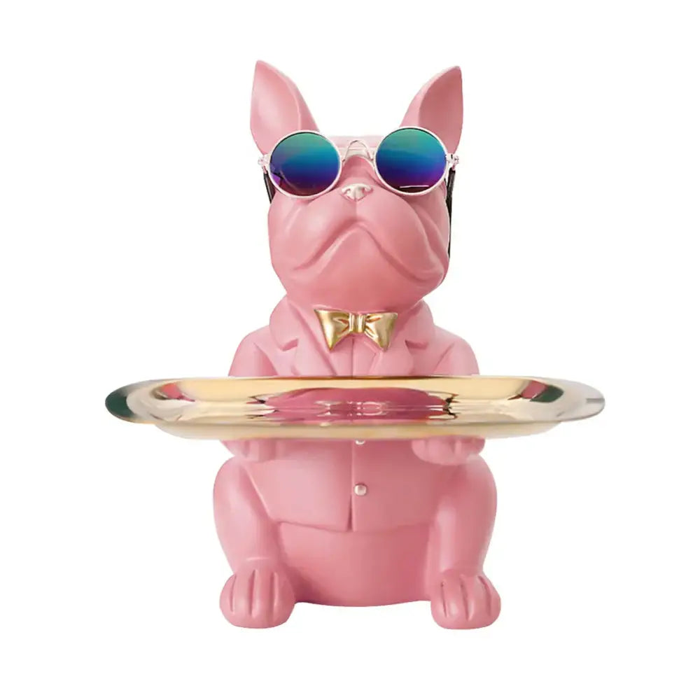 Pink french bulldog decorbites bulldog coin bank storage tray with sunglasses bow tie and gold tray for living room decor