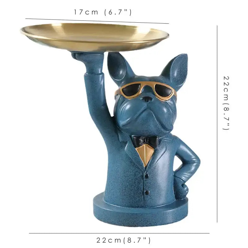 Modern blue french bulldog decorbites bulldog storage tray and coin bank with gold sunglasses and black bow tie living room decor