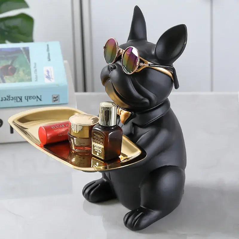 Black french bulldog figurine decorbites bulldog storage tray and coin bank with gold sunglasses and tray for living room decor