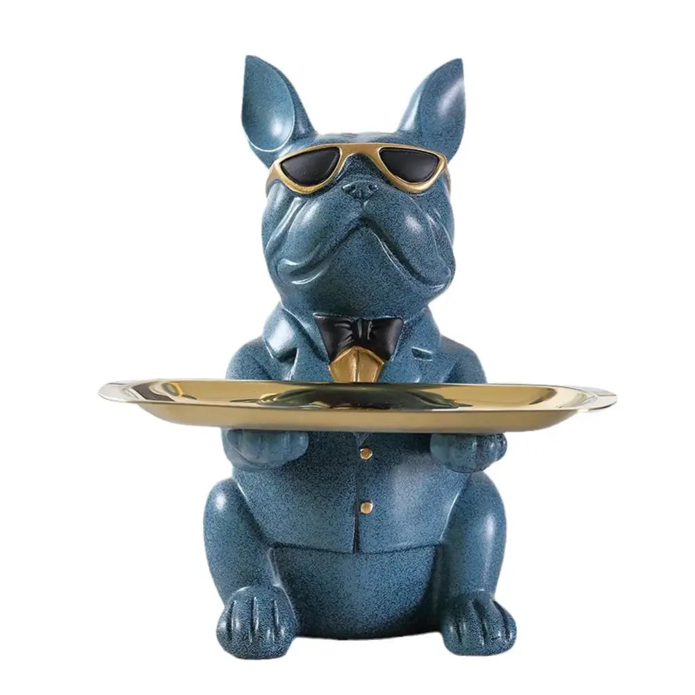 Modern blue and teal decorbites bulldog storage tray coin bank featuring a blue figurine with gold sunglasses and bow tie