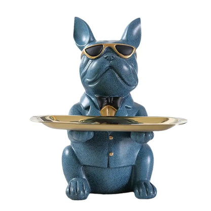Modern blue and teal decorbites bulldog storage tray coin bank featuring a blue figurine with gold sunglasses and bow tie