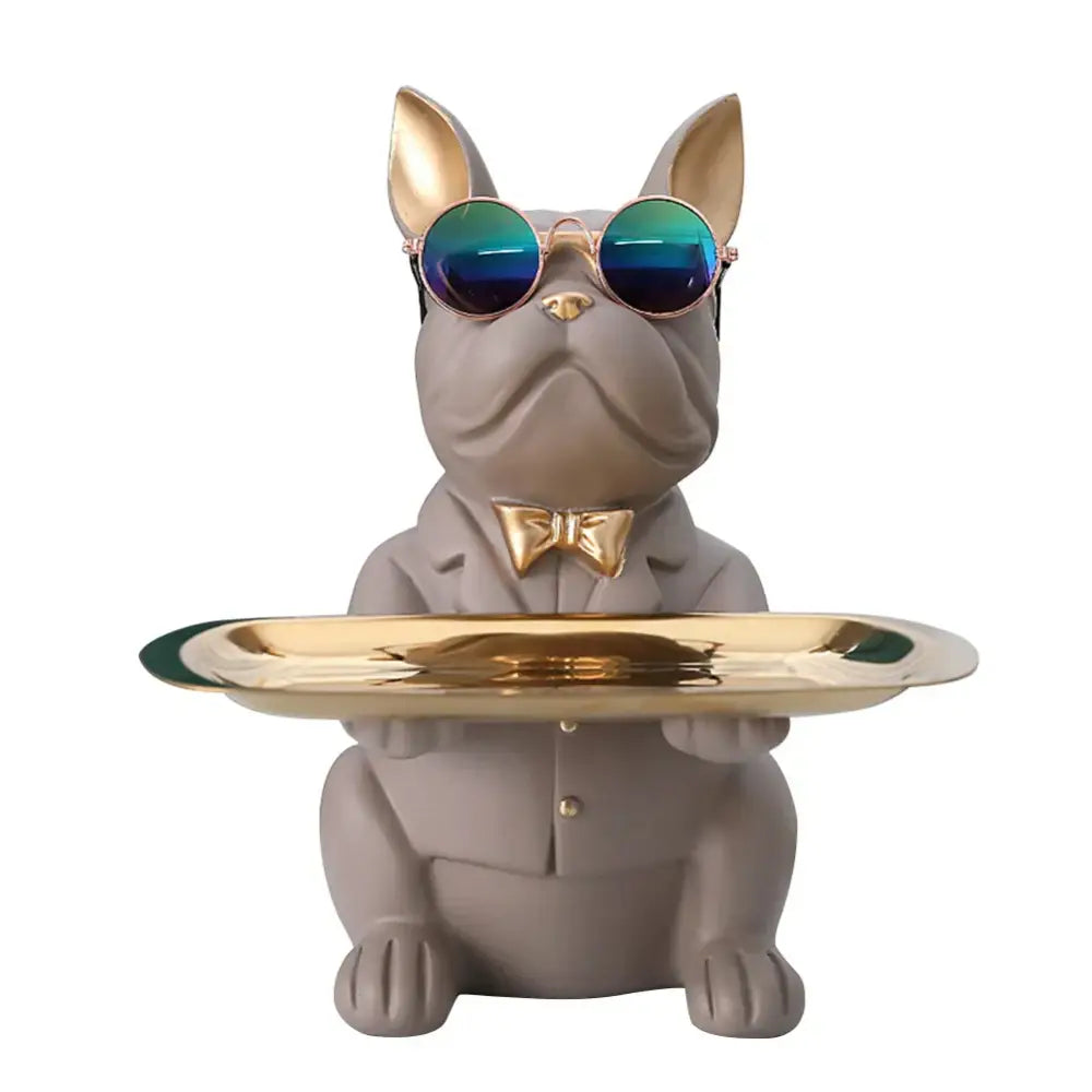 Gray french bulldog decorbites figurine storage tray coin bank with gold sunglasses and bow tie for living room decor