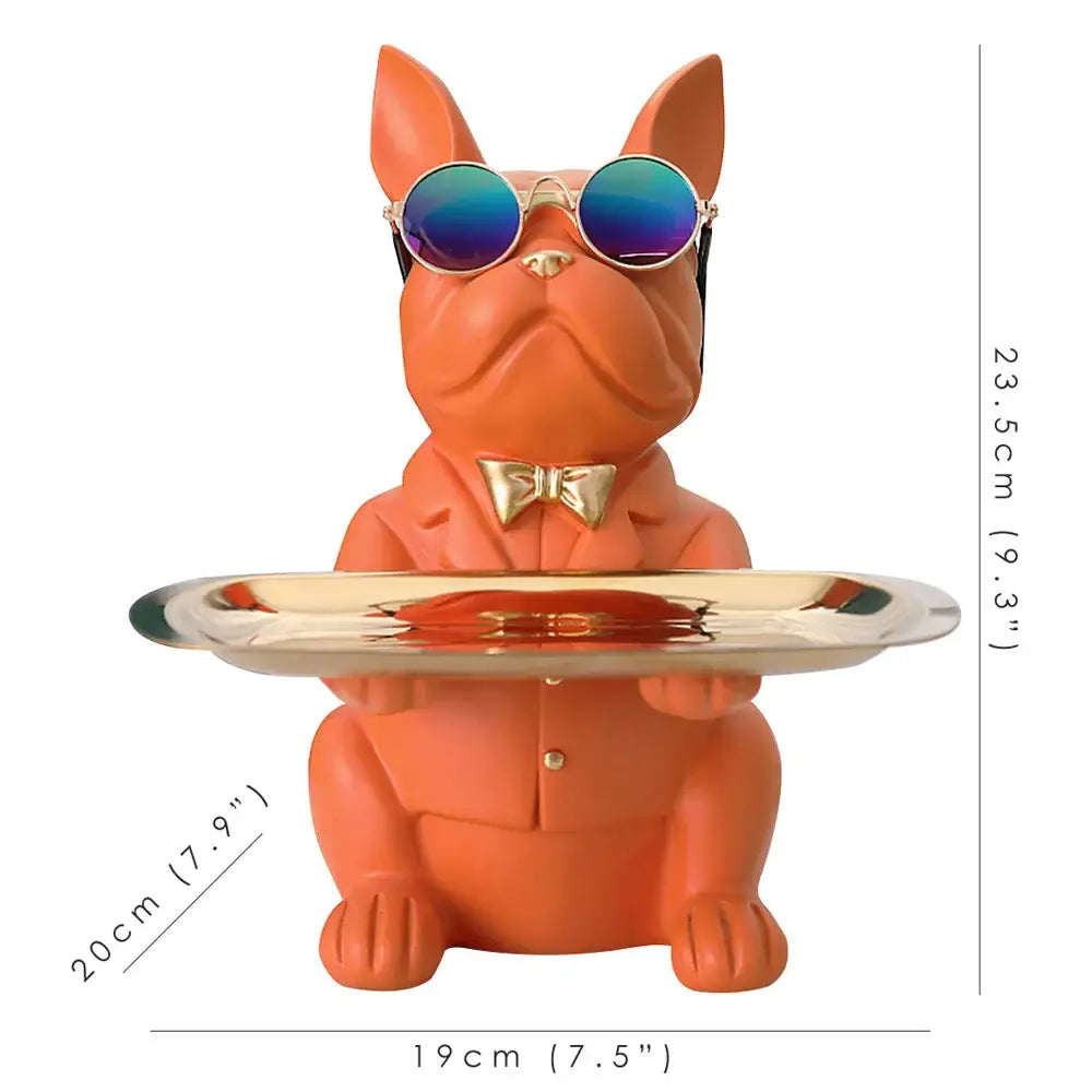 Modern blue and teal decorbites bulldog storage tray coin bank featuring an orange french bulldog figurine with sunglasses and bow tie