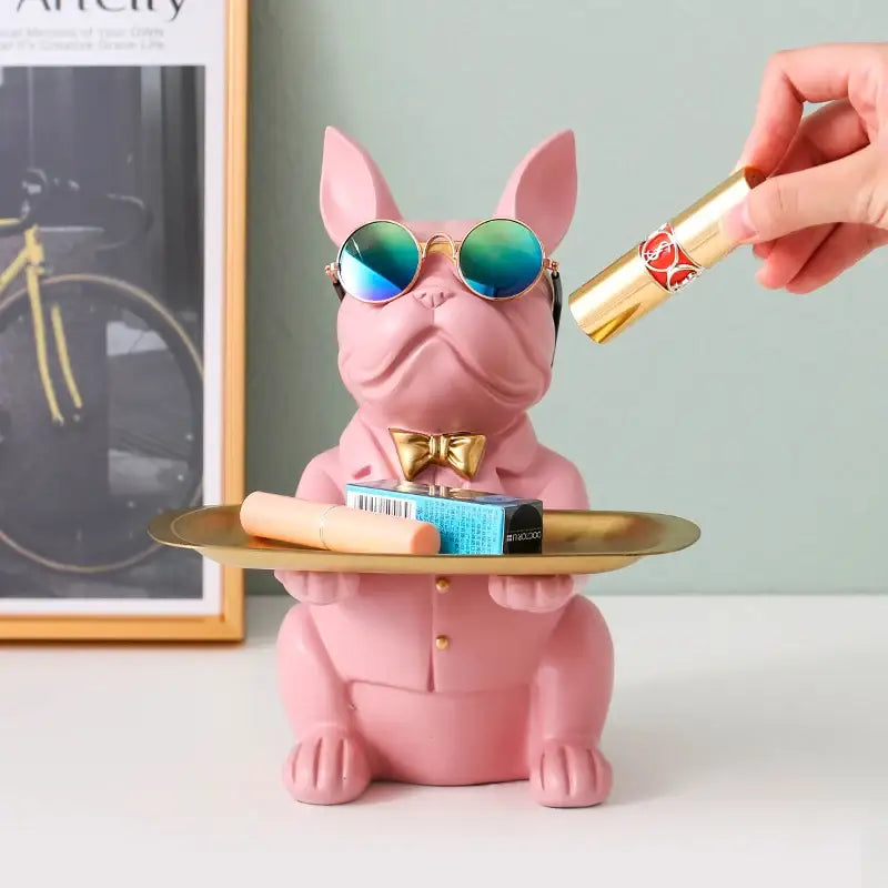 Pink french bulldog figurine decorbites bulldog coin bank with gold bow tie and mirrored sunglasses holding a storage tray