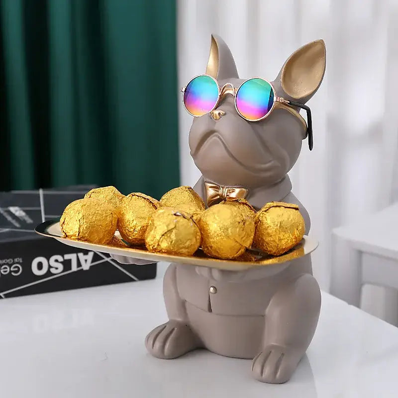 Modern blue and teal decorbites bulldog coin bank storage tray in gray with gold sunglasses and bow tie holding chocolates