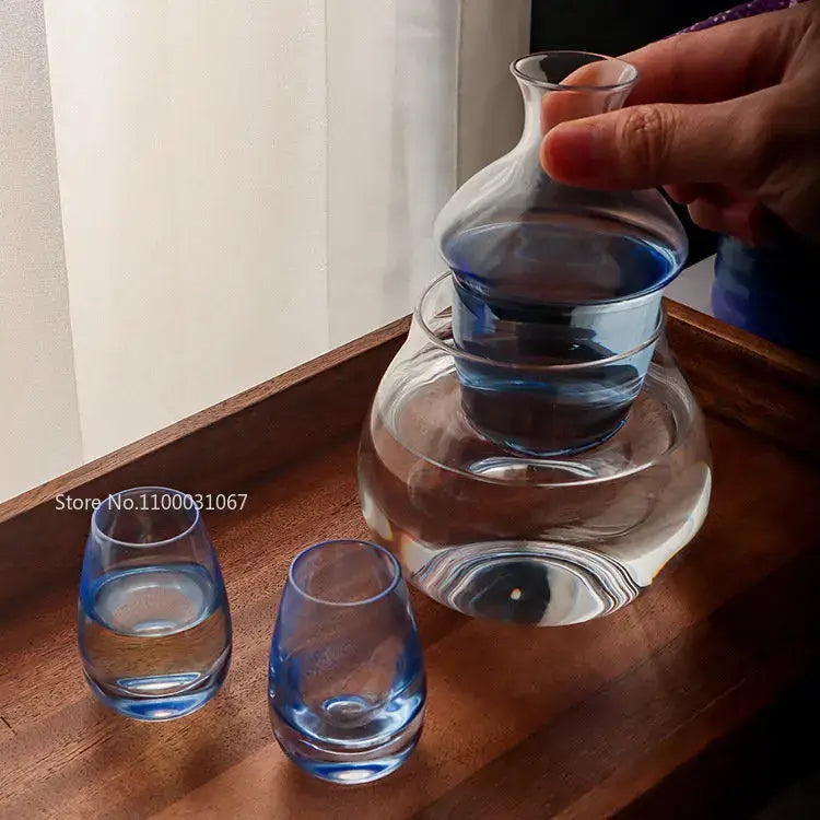 Clear glass modern blue tinted glass wine pot ice jug set with tiered sake decanter and two matching cups