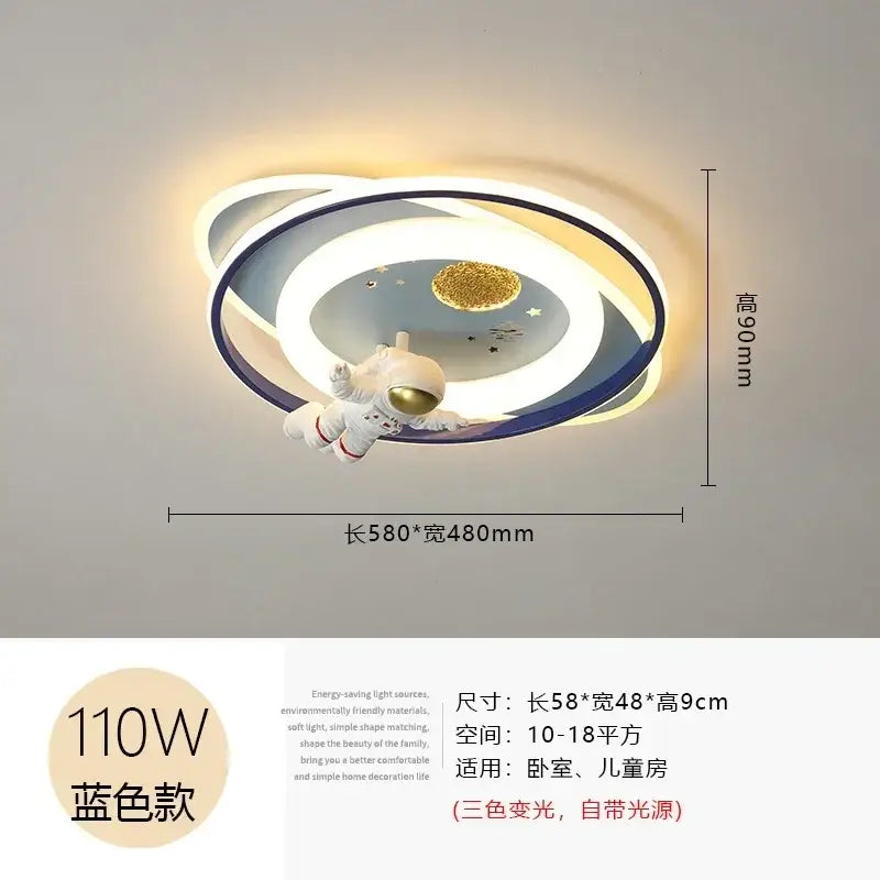 Modern blue and white ceiling light with decorbites astronaut spaceman floating in concentric gold and blue rings