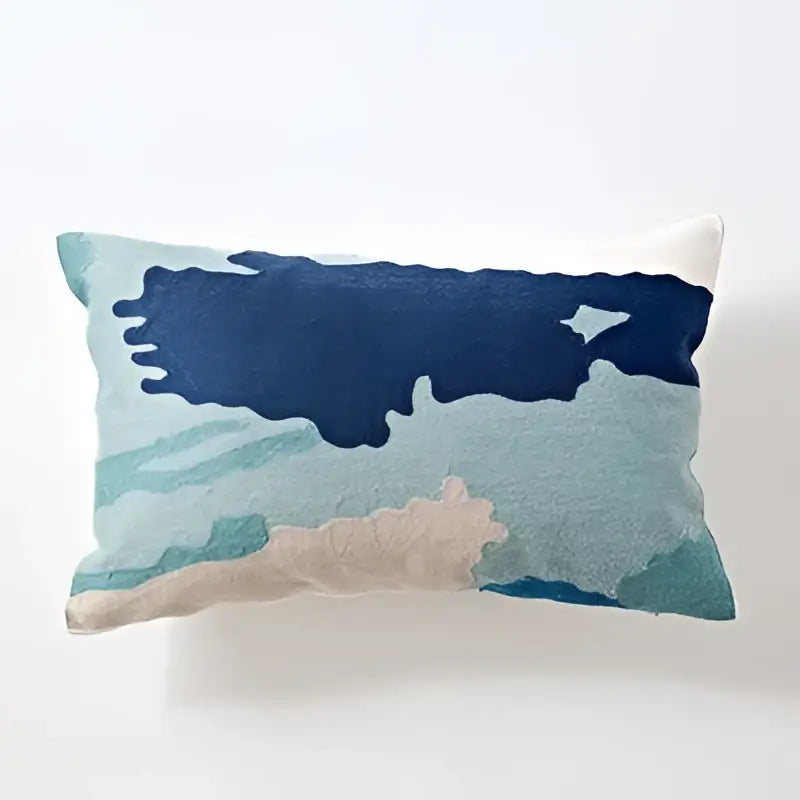 Rectangular embroidered geometric cotton cushion cover with modern blue white abstract design for bedroom decor