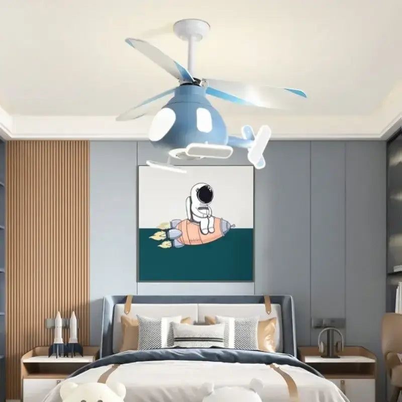 Modern blue and white helicopter ceiling fan with led light and light blue blades for bedroom use