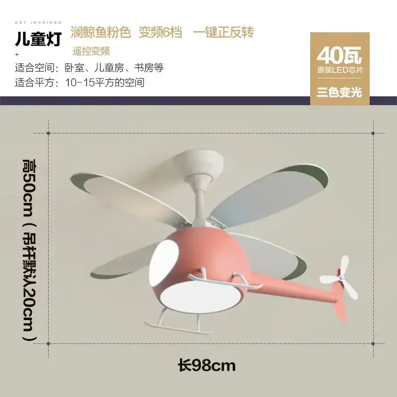 Modern blue and white helicopter ceiling fan with pastel pink blades white accents and three-color led light chandelier