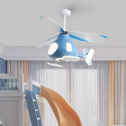 Modern blue and white helicopter ceiling fan with led light and illuminated windows for bedroom use