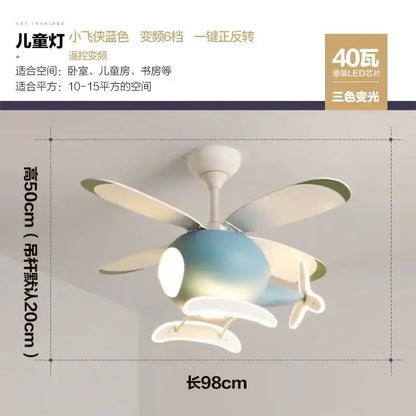Modern blue and white helicopter ceiling fan with led light chandelier featuring gradient finish and white propellers for bedroom